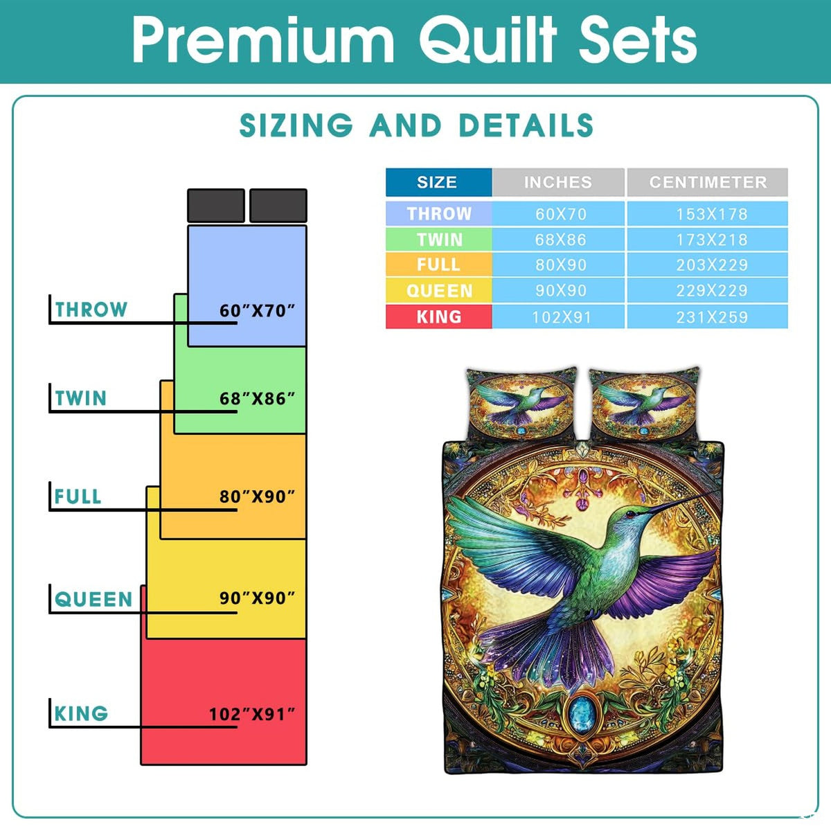 Full ornate hummingbird bedding design beside a reference sizing graphic