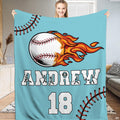 Flaming fireball baseball with fiery trails against sky blue backdrop, view 1.