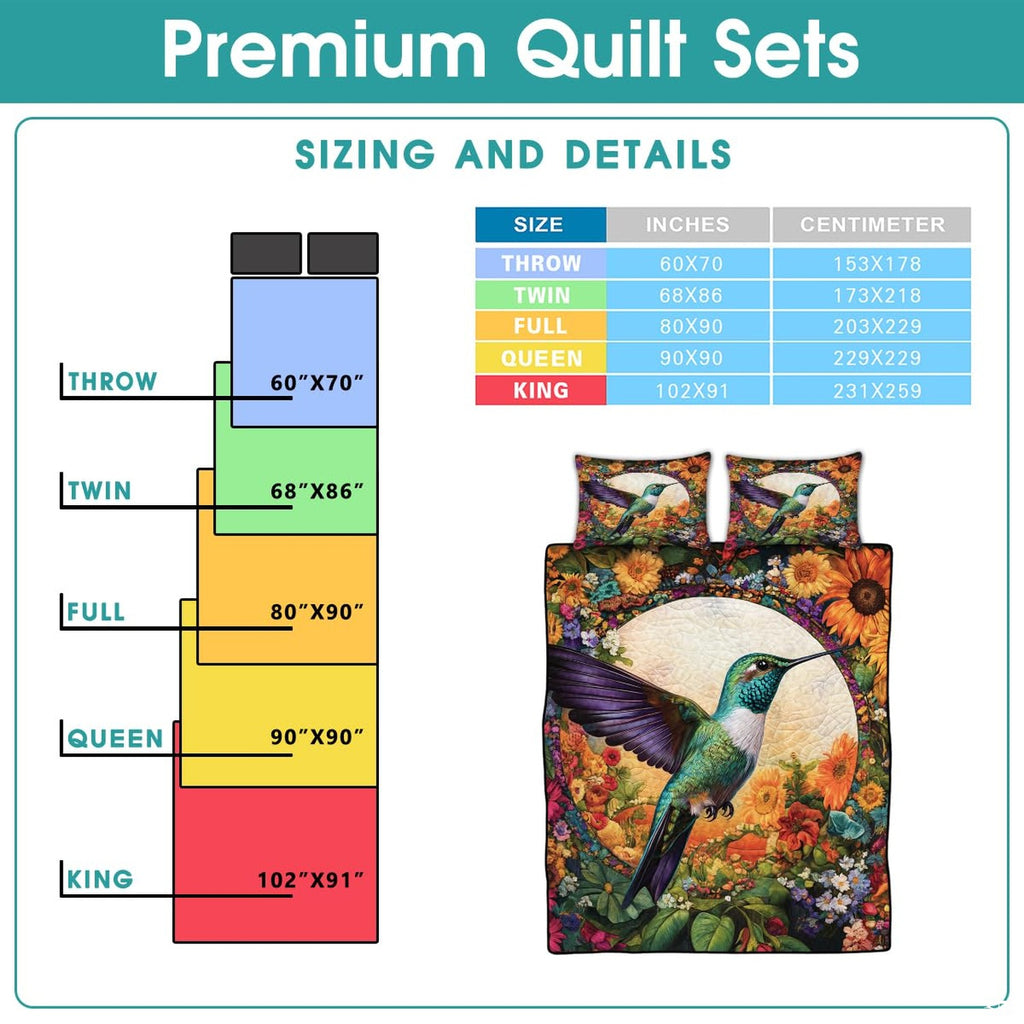 Full floral hummingbird bedding design beside a reference sizing chart