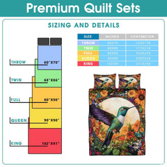 Full floral hummingbird bedding design beside a reference sizing chart