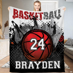 Close-up of basketball bedding showing jersey number graphic, wireframe lines, and halftone dots.
