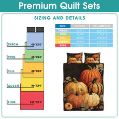 Overhead look at seasonal fall harvest pumpkin illustrations on charcoal bedding.