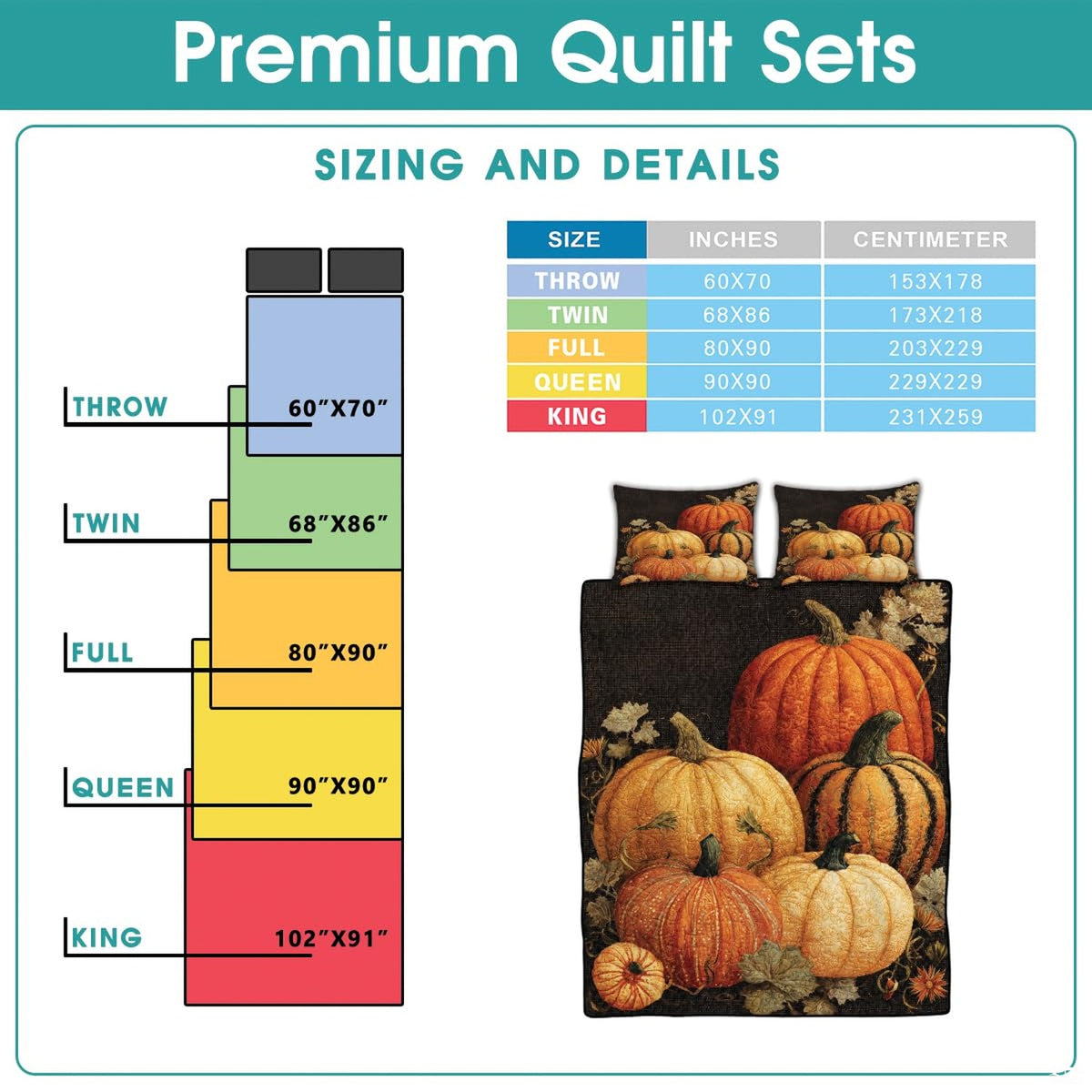 Overhead look at seasonal fall harvest pumpkin illustrations on charcoal bedding.