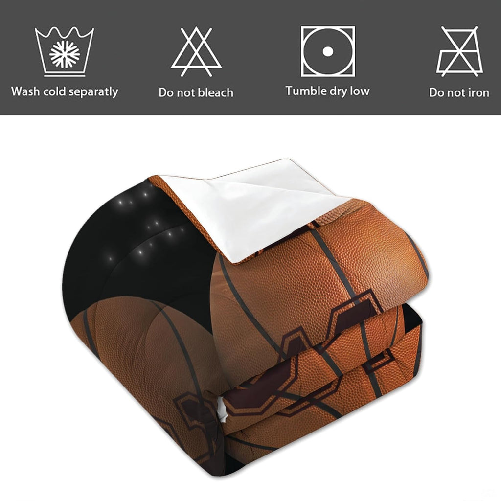 Side angle view of shadow black basketball bedding styled with athletic hoop decor and room accents