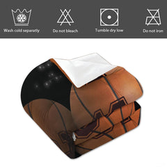 Side angle view of shadow black basketball bedding styled with athletic hoop decor and room accents