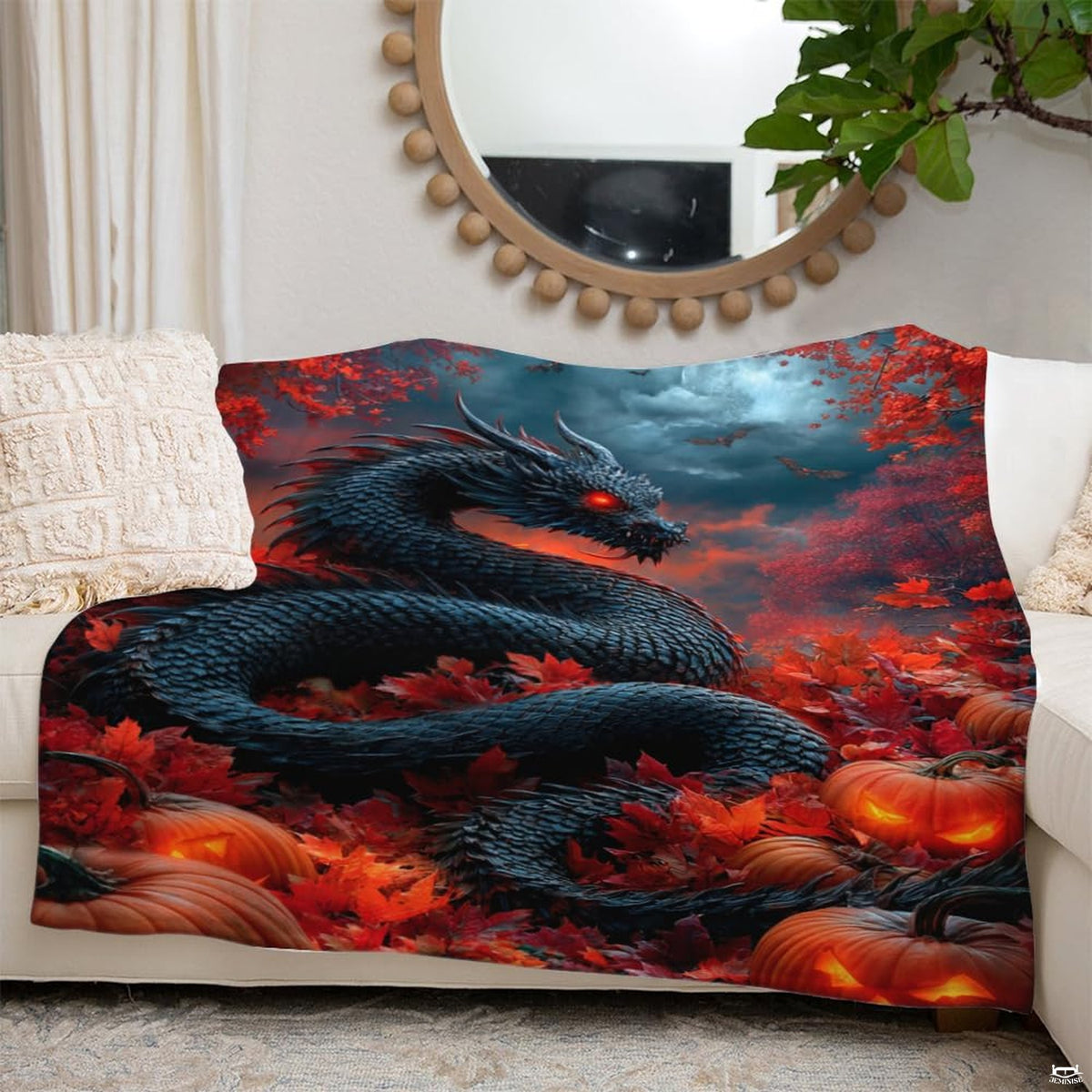 Dark fantasy dragon throw blanket folded on wooden bench