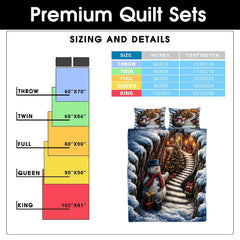 Festive snowman artwork on bedroom bedding set with wrapped holiday packages arranged on stone steps in snow.