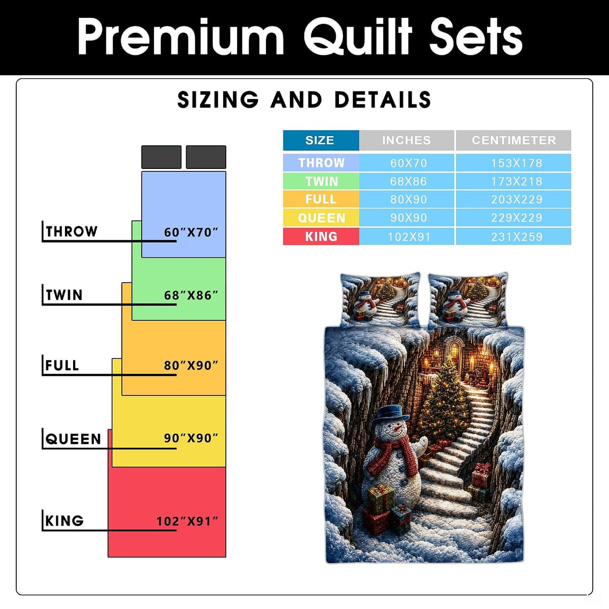 Festive snowman artwork on bedroom bedding set with wrapped holiday packages arranged on stone steps in snow.