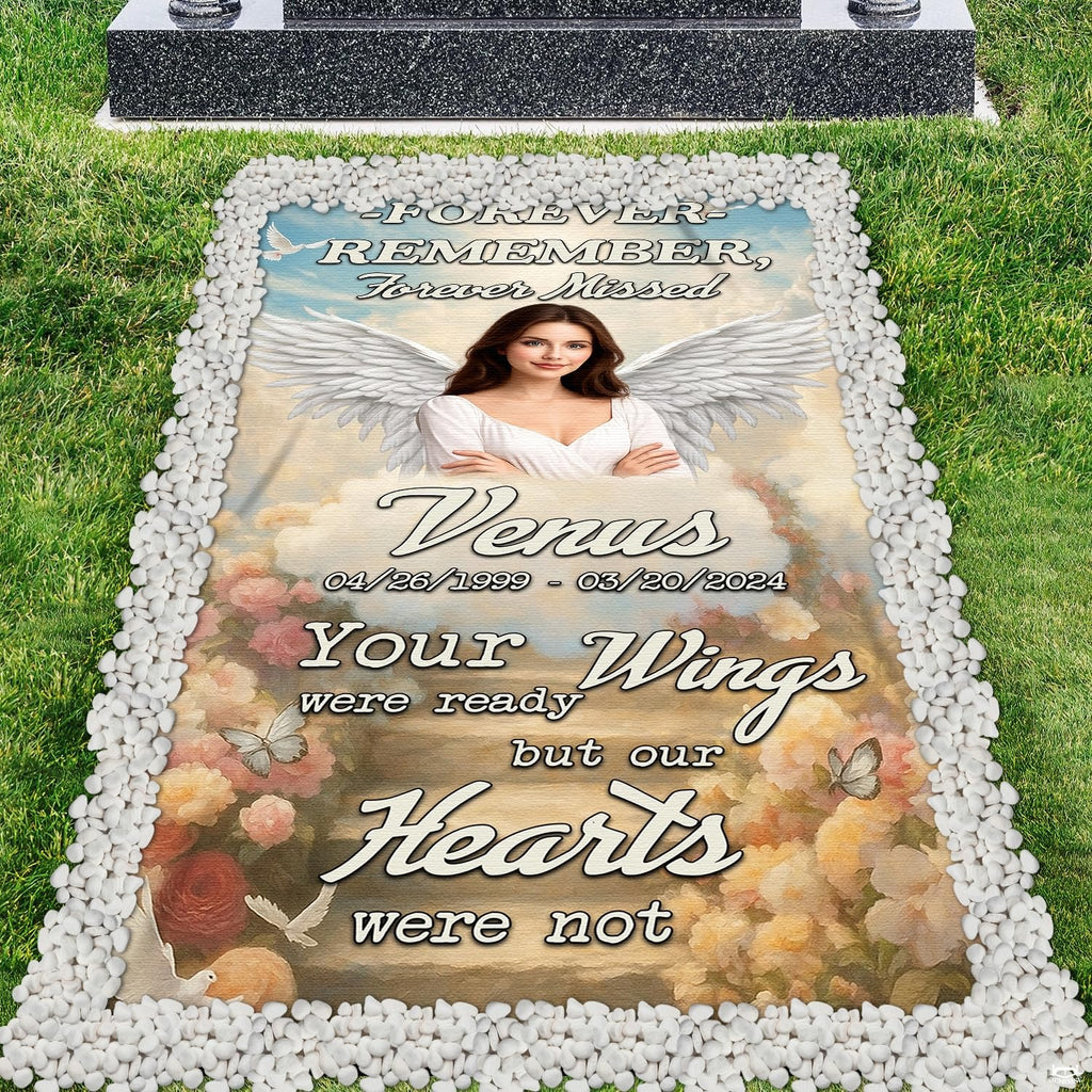 Graphic layout illustrating weatherproof features and print detail of memorial cemetery grave blanket.