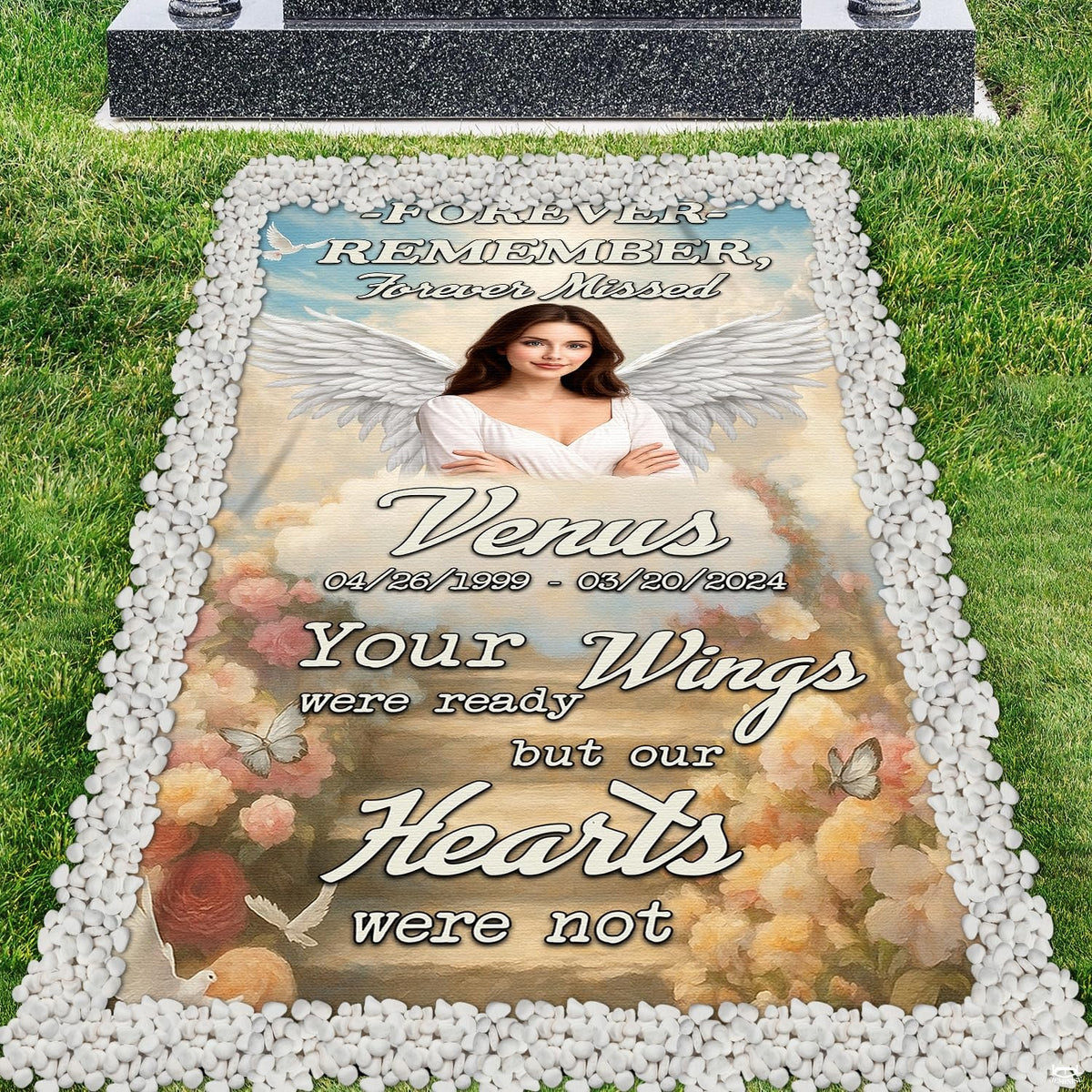 Graphic layout illustrating weatherproof features and print detail of memorial cemetery grave blanket.