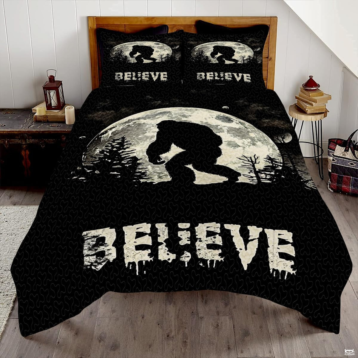 Mythical bedding set featuring a legendary forest creature silhouetted against a giant glowing full moon