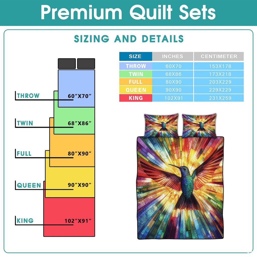 Sizing chart with small hummingbird rainbow ray bedding artwork