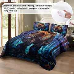 Close-up view of Bigfoot bedding showcasing twilight blue gradient, pine trees, and Sasquatch silhouette