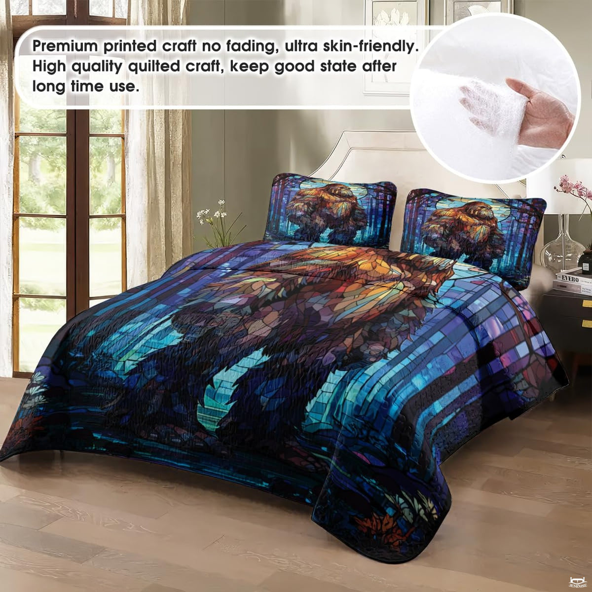 Close-up view of Bigfoot bedding showcasing twilight blue gradient, pine trees, and Sasquatch silhouette