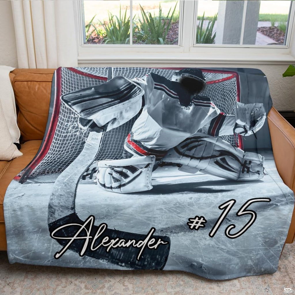 Rinkside perspective artwork depicting a focused hockey goalie guarding the net.