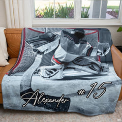 Rinkside perspective artwork depicting a focused hockey goalie guarding the net.