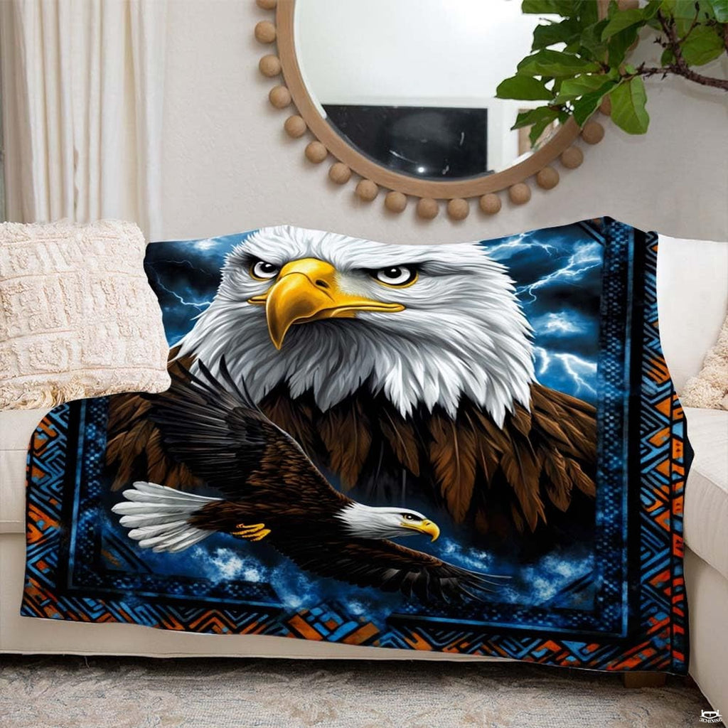 Lightning storm bald eagle portrait throw blanket view 6 detailing eagle feathers and border