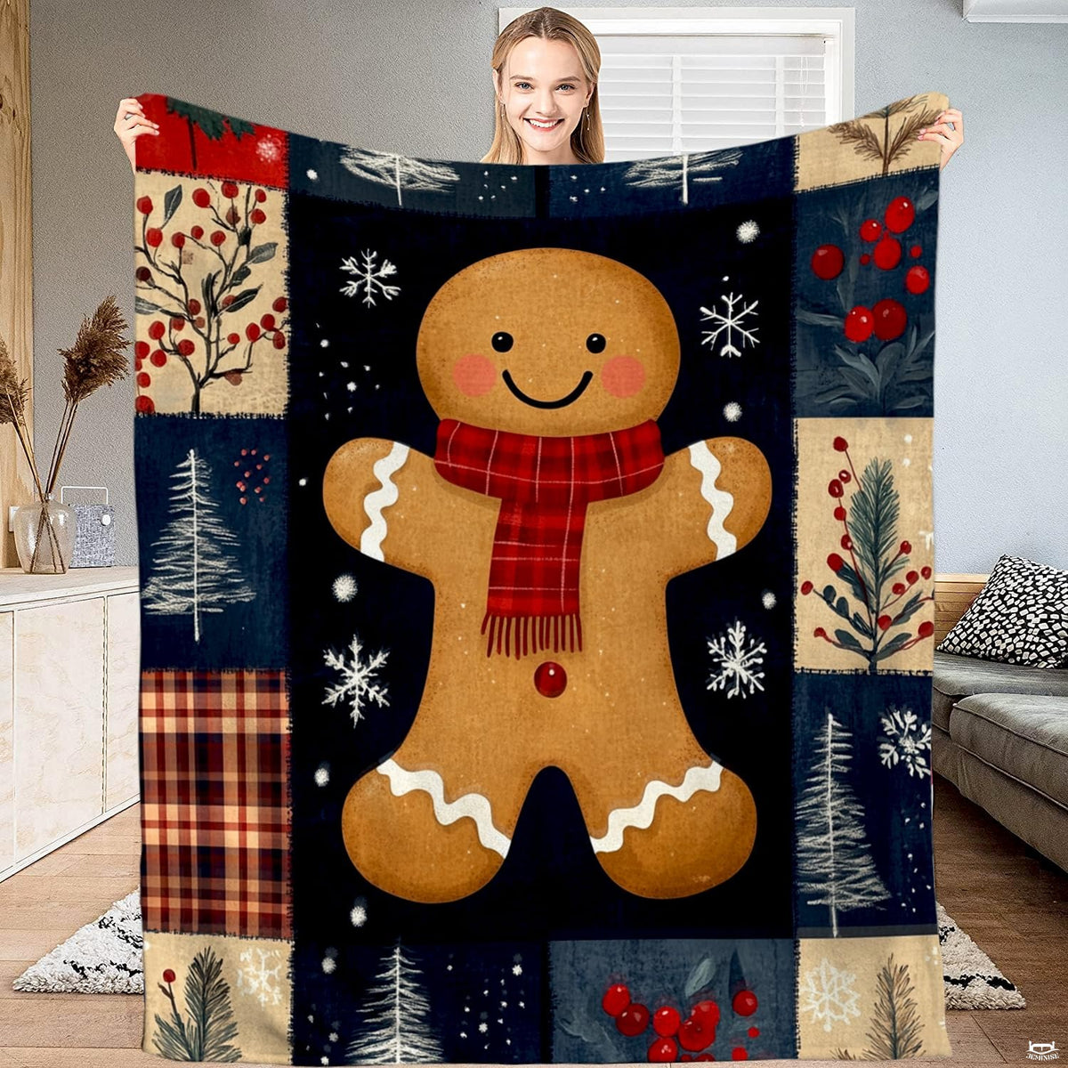Gingerbread man Christmas holiday bedding set featuring plaid scarf, snowy navy backdrop, and rustic patchwork border.