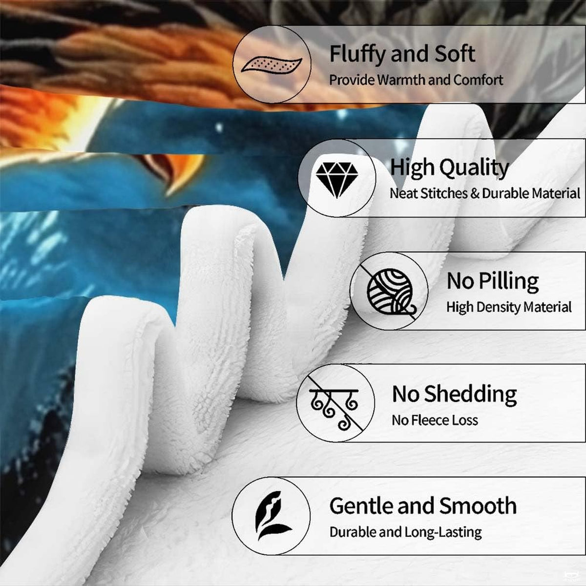 Soaring eagle wolves full moon throw blanket view 7 detailing nocturnal wildlife artwork