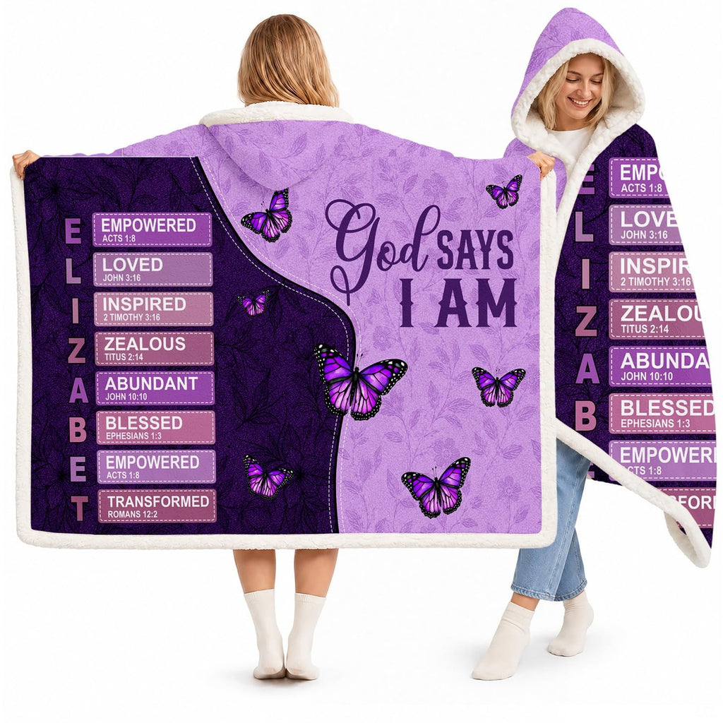 God says I am purple butterfly scripture hooded blanket worn by model