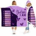 God says I am purple butterfly scripture hooded blanket worn by model