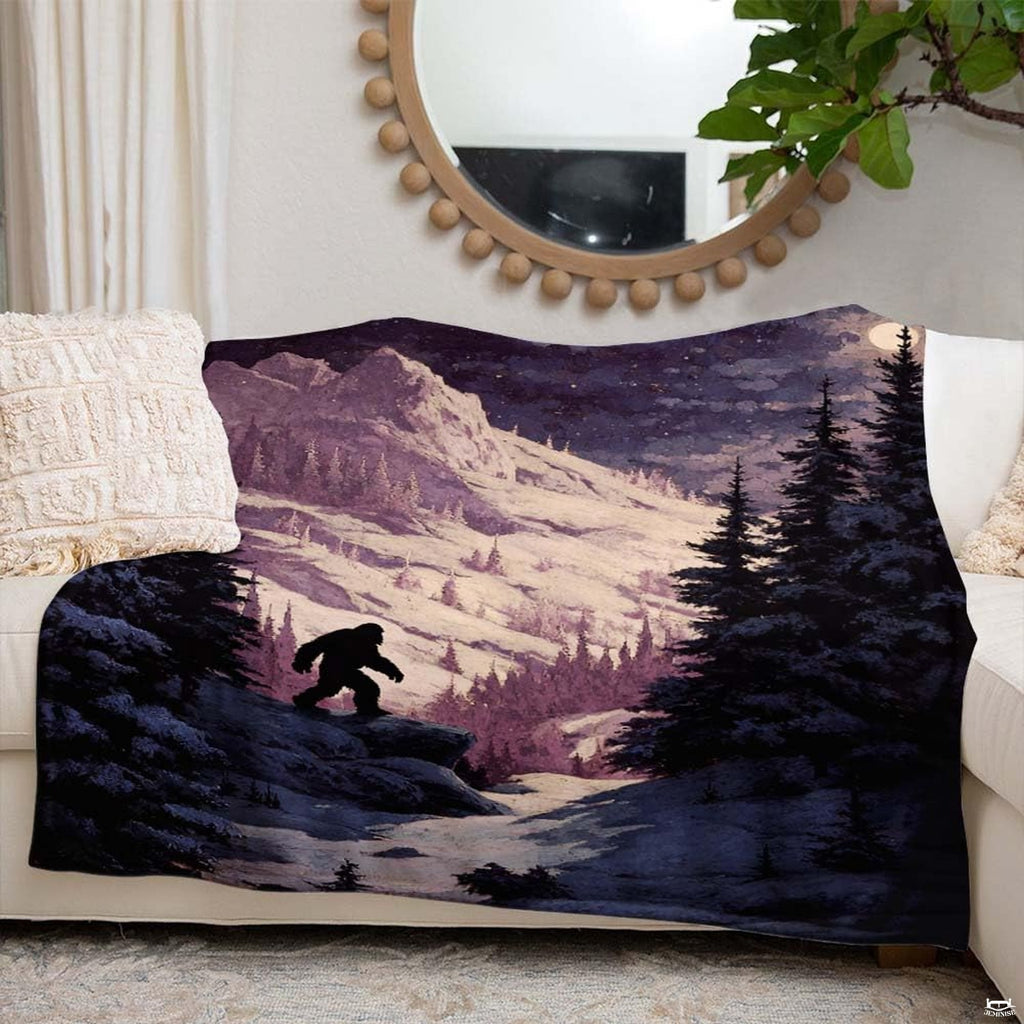 thematic accent moon shining over snowy alpine forest scene on starry night bedding set