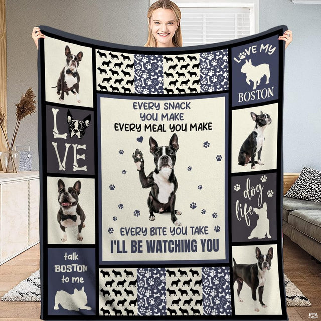 Navy Boston Terrier dog collage throw blanket with waving puppy centerpiece and silhouette borders