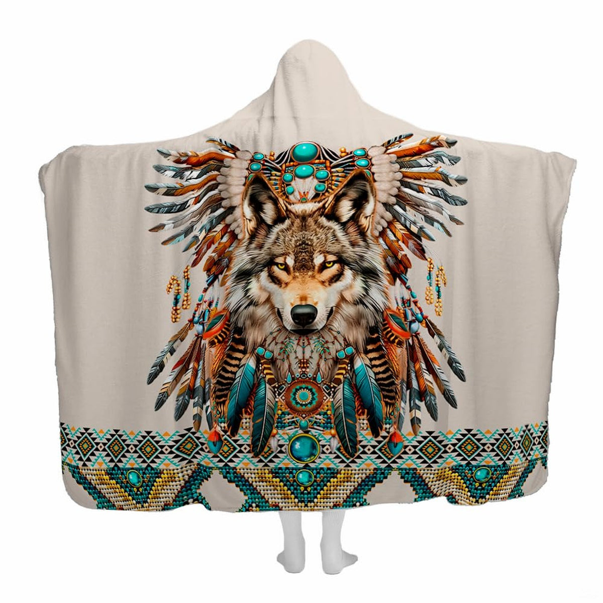 Timber bed set featuring majestic wolf portrait and dreamcatcher artwork on thematic accent beige ground