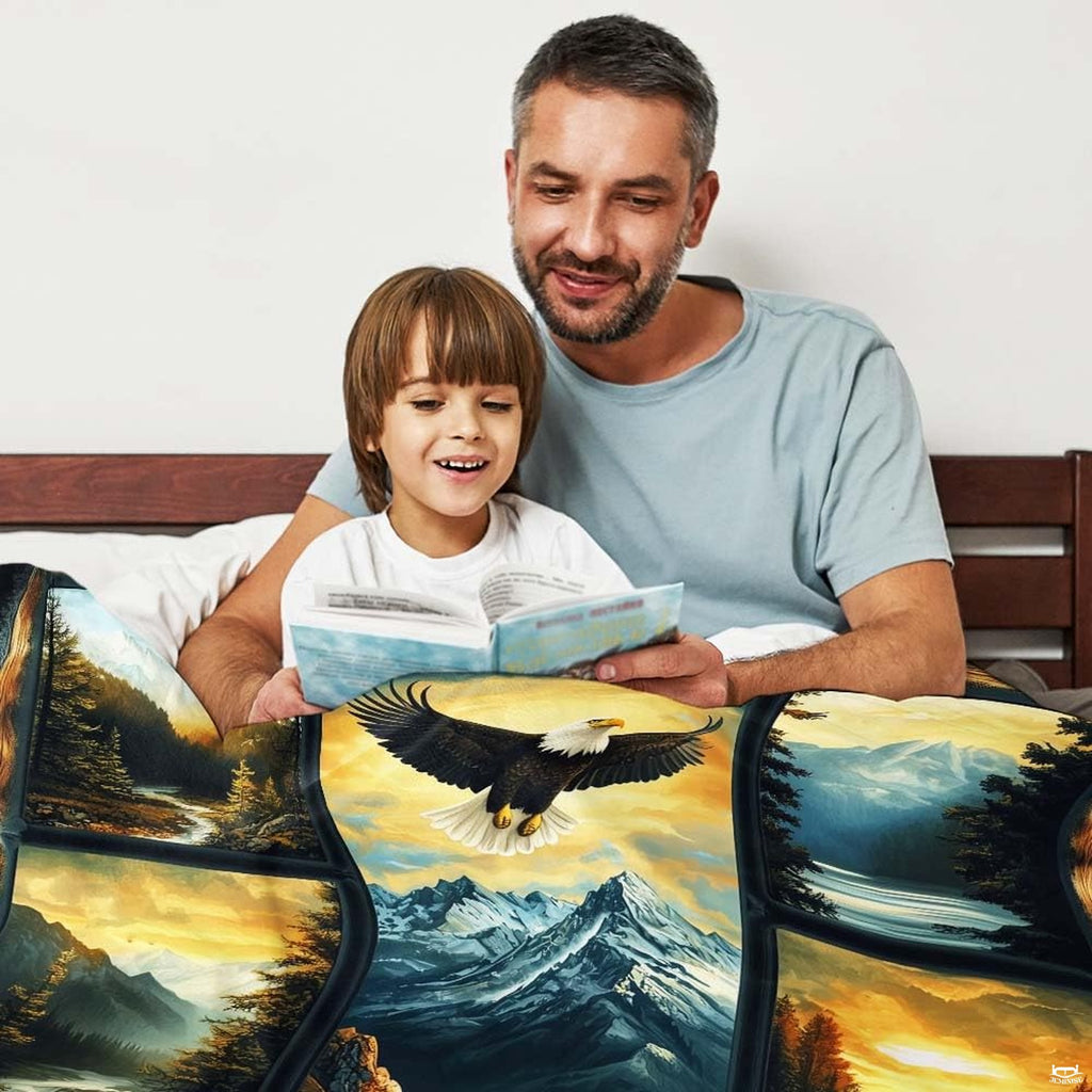 Bald eagle mountain landscape throw blanket view 3 highlighting alpine peaks, waterfalls, and pine trees