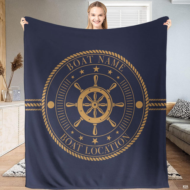 Ship wheel helm gold navy throw blanket featuring eight-spoke ship helm and braided rope medallion
