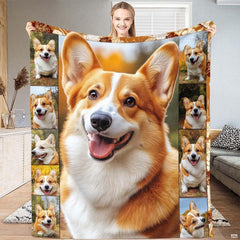 Close-up portrait of a smiling Welsh Corgi on a decorative floral bedding set.