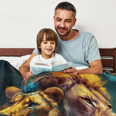 Woman holding open twin guardian lions tribal crown throw blanket in modern room