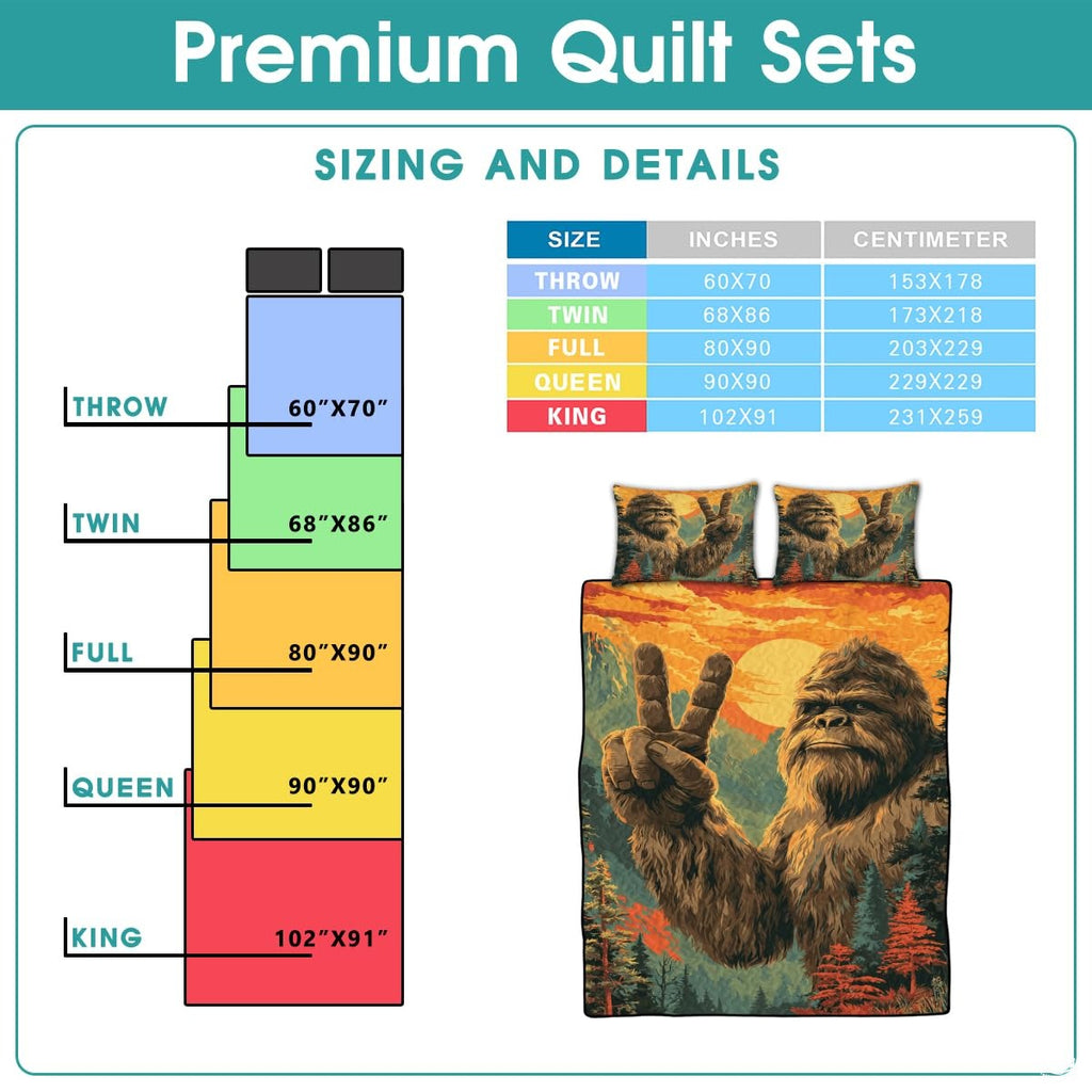 Personalized Bigfoot Peace Sign Sunset Quilt Sets, Machine Washable