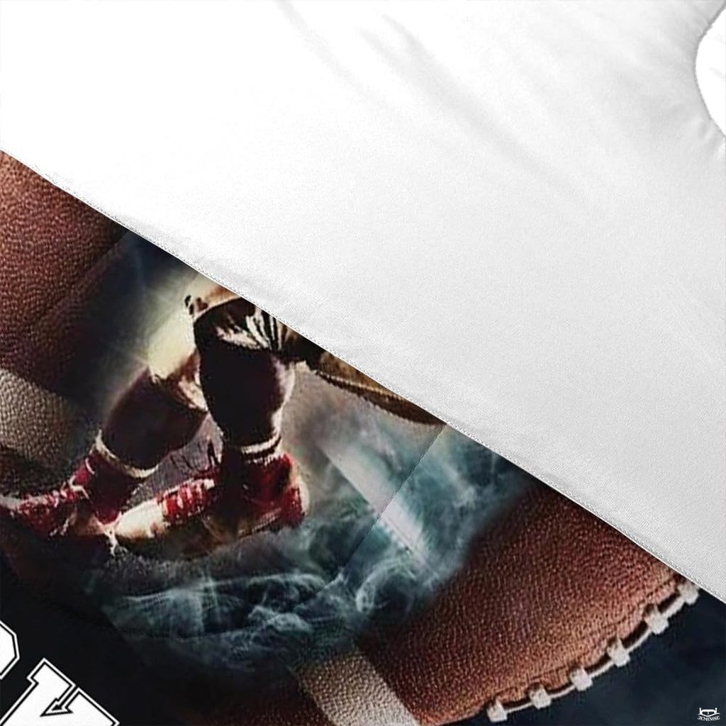 Angle view of athletic bedding illustrating platinum silver and burgundy footballer graphic textures