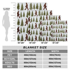 Close-up view of forest green pine tree artwork and walking Sasquatch on crisp white scenery.