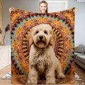 Golden doodle dog boho mandala tapestry blanket held upright by model