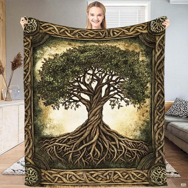 Celtic Tree of Life twisted roots throw blanket held open by woman