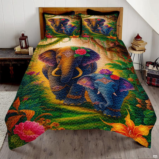 Plum purple and olive elephant bedding set showing an ornate mandala elephant among vibrant patchwork tiles.