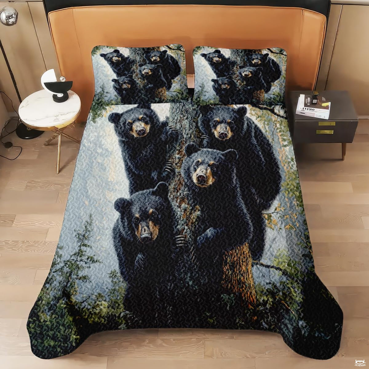 thematic accent bedroom layout showing black bear nature print bedding in ambient lighting.