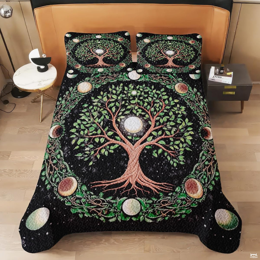 Overhead view of mystical celestial moon phases bedding styled neatly across an arranged wooden bed frame