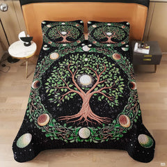 Overhead view of mystical celestial moon phases bedding styled neatly across an arranged wooden bed frame