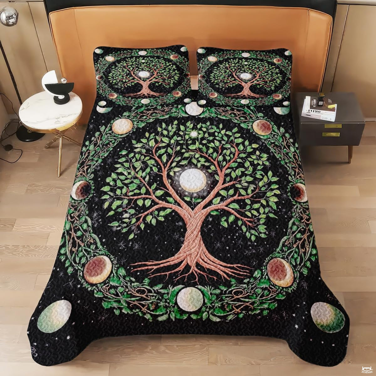 Overhead view of mystical celestial moon phases bedding styled neatly across an arranged wooden bed frame
