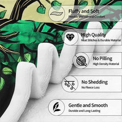 Full spread presentation of Celtic Tree of Life throw blanket with emerald and gold details