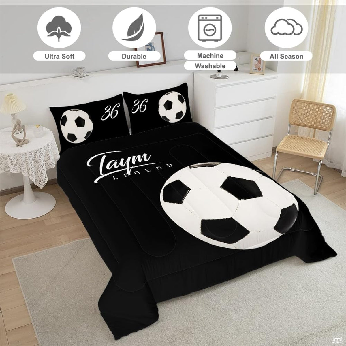 Close-up perspective of black soccer bedding showing detailed soccer ball panels on dark backdrop