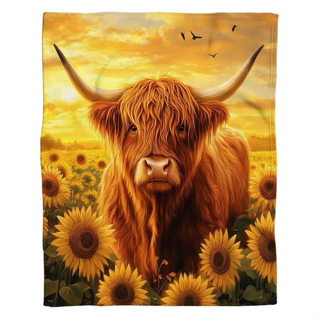 Artistic bedding set print showing a shaggy Highland cow in bright sunflowers.