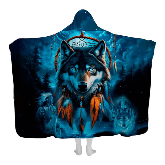 Wolf dreamcatcher hooded blanket featuring blue-eyed wolf portrait, dreamcatcher hoop, and amber feathers.