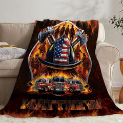 Draped setting showcasing high-contrast flame artwork and patriotic shield on Blanket.