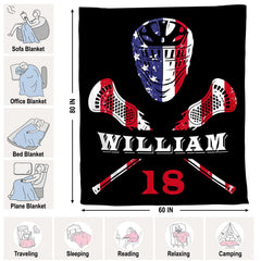 Multi-panel detail view of patriotic lacrosse player graphic blanket