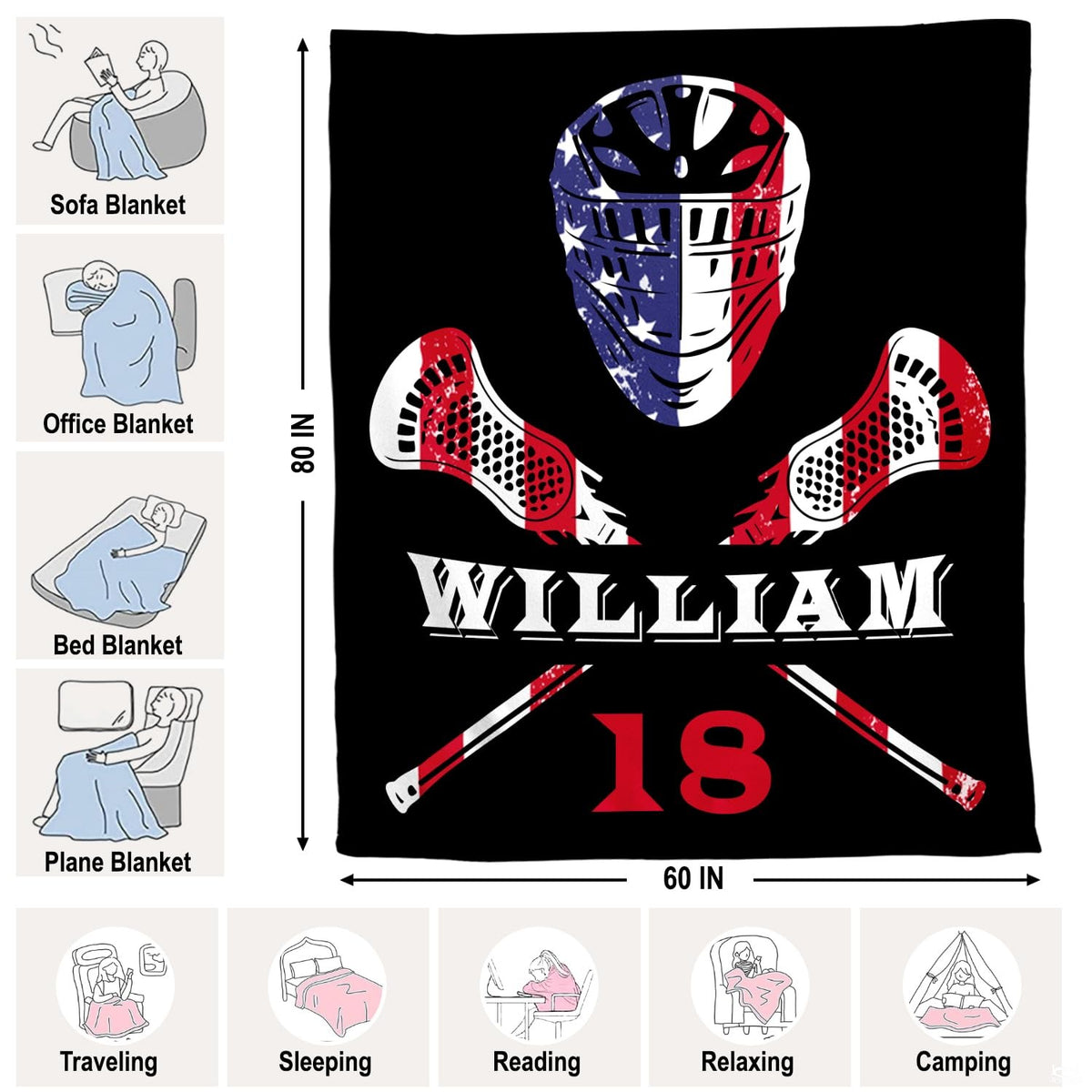 Multi-panel detail view of patriotic lacrosse player graphic blanket