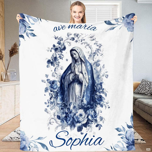 Full upright display of Blessed Virgin Mary devotional artwork with blue rose wreath and script lettering.